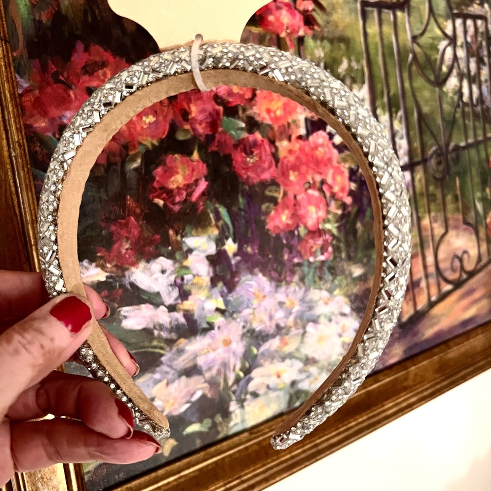 New Crystal Bridal Tiara/ Headband. Silver Crystals. Pink Linen.
